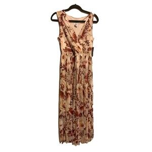 Alexa B Nites Floral Maxi Dress Pleated Mesh Lined Brown Beige Size 8 New